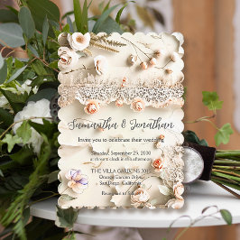 Invitación Encaje de marfil Floral Foto Romántica Boda de pri