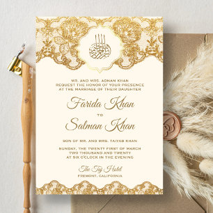 Invitación Encaje de Pan de Oro y Crema para Boda Islámica Mu