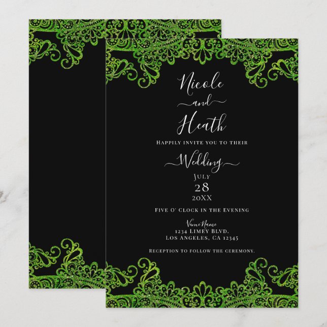 Invitación Encaje de purpurina verde lima negro para boda (Anverso / Reverso)