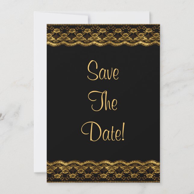Invitación Encaje dorado en Save The Date de boda negro (Anverso)