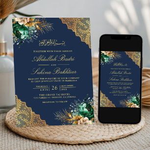 Invitación Encaje Dorado Floral Esmeralda Azul Marino Boda Mu