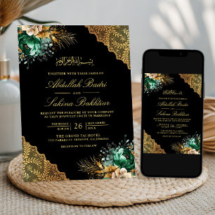 Invitación Encaje Dorado Floral Esmeralda Negro Boda Musulman