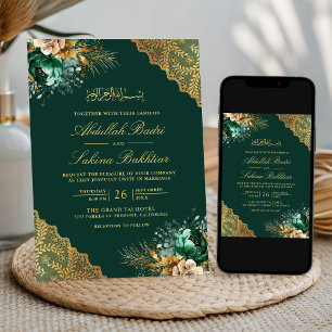 Invitación Encaje Dorado Floral Esmeralda Verde Boda Musulman