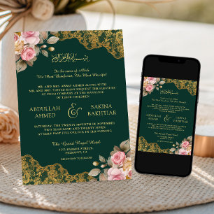 Invitación Encaje Dorado Floral Rosa Verde Esmeralda Boda Mus