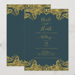 Invitación Encaje Elegante de Boda en Azul Turquesa Oscuro y