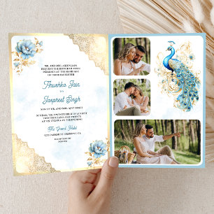 Invitación Encaje Floral Azul Suave Dorado Boda Pavo Real Ind