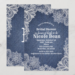Invitación Encaje Floral Denim y Blanco Elegante Ducha de Nov