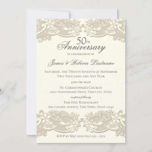Invitación Encaje Floral Vintage 50 Aniversario (Anverso)