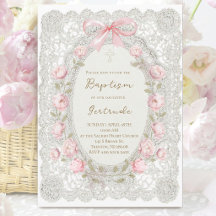 encaje gris peonías rosadas Bautizo niña