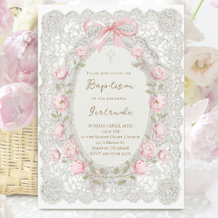 Invitación encaje gris peonías rosadas Bautizo niña