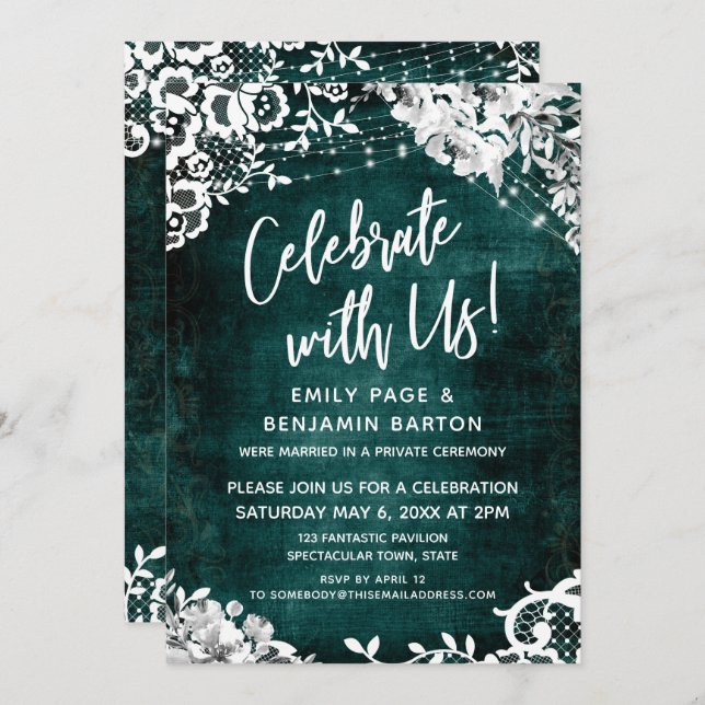 Invitación Encaje, Luces y Floral sobre Azul Teal Celebra con (Anverso / Reverso)