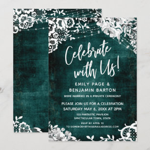 Invitación Encaje, Luces y Floral sobre Azul Teal Celebra con
