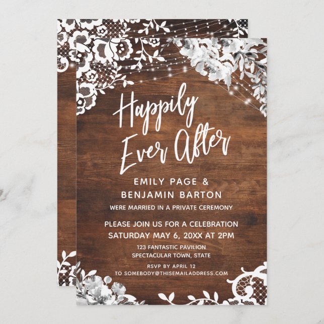 Invitación Encaje, Luces y Florales en Madera Felices para Si (Anverso / Reverso)