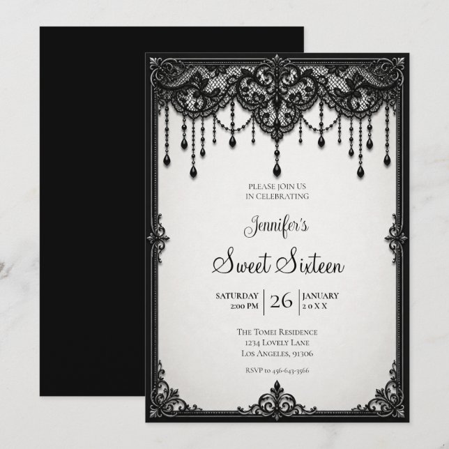 Invitación Encaje Negro Cumpleaños Dulce 16 (Anverso / Reverso)
