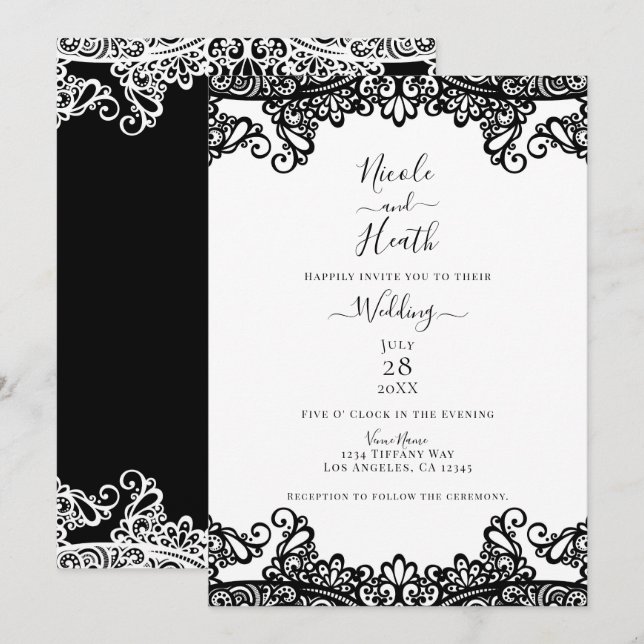 Invitación Encaje negro y blanco Boda elegante (Anverso / Reverso)