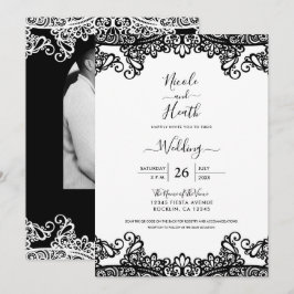 Invitación Encaje Negro y Blanco Elegante Boda
