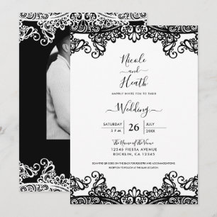 Invitación Encaje Negro y Blanco Elegante Boda