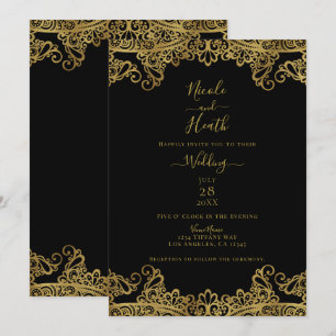 Invitación Encaje Negro y Dorado Boda Elegante