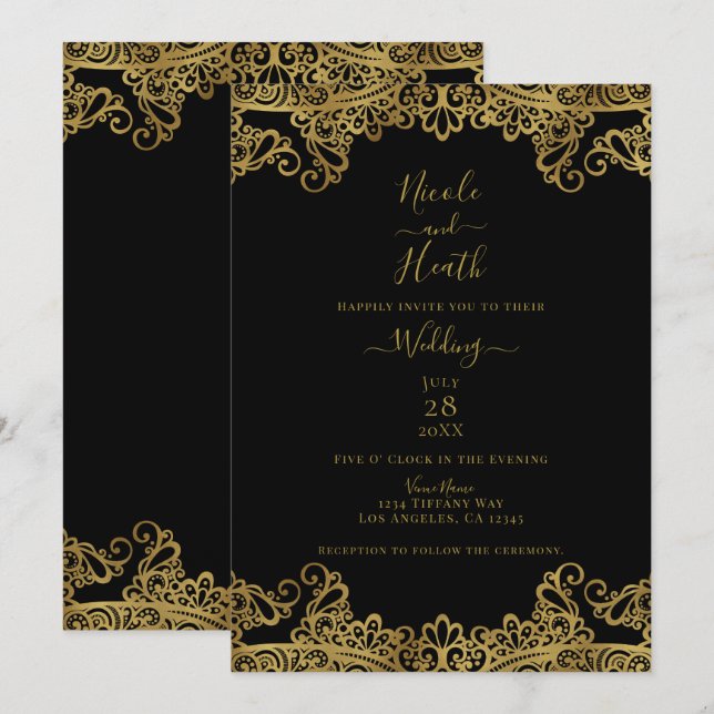 Invitación Encaje negro y dorado Elegante boda (Anverso / Reverso)