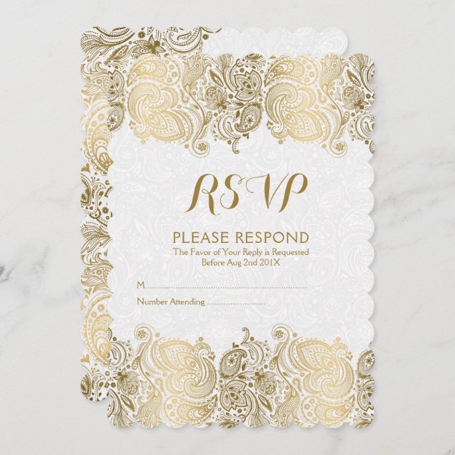 Invitación Encaje paisley dorado y blanco RSVP (Anverso / Reverso)