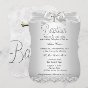 Invitación Encaje Plateado y Cruz Bautizo Niño o Niña