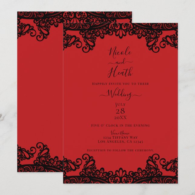 Invitación Encaje Rojo y Negro Elegante Boda (Anverso / Reverso)