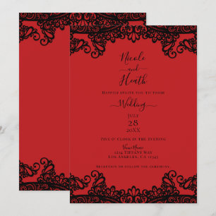 Invitación Encaje Rojo y Negro Elegante Boda