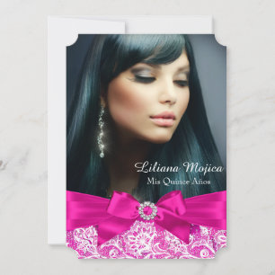 Invitación Encaje Rosa Caliente y Lazo de Joyas Quinceañera
