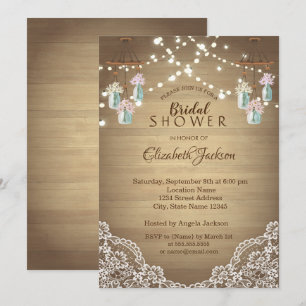 Invitación Encaje Rústico, Florero de Mason, Luces de Cuerda