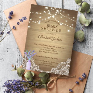 Invitación Encaje Rústico, Frasco de Mason de Lavanda, Luces