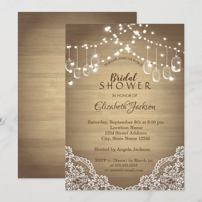 Invitación Encaje rústico, frasco de Mason, luces de cuerda (Anverso / Reverso)