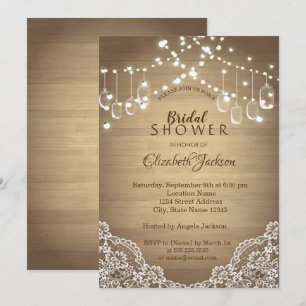 Invitación Encaje rústico, frasco de Mason, luces de cuerda