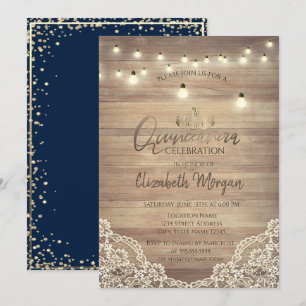 Invitación Encaje Rústico,Luces,Tiara,Diamantes Quinceañera