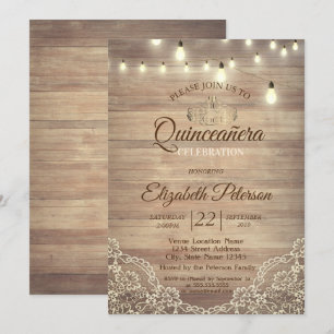 Invitación Encaje Rústico,Luces,Tiara,Festejo de Quinceañera