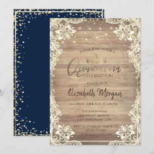 Invitación Encaje Rústico, Tiara Dorada, Luces Diamantes Quin