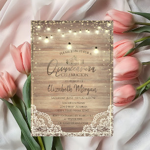 Invitación Encaje Rústico, Tiara, Luces, Diamantes de Madera 