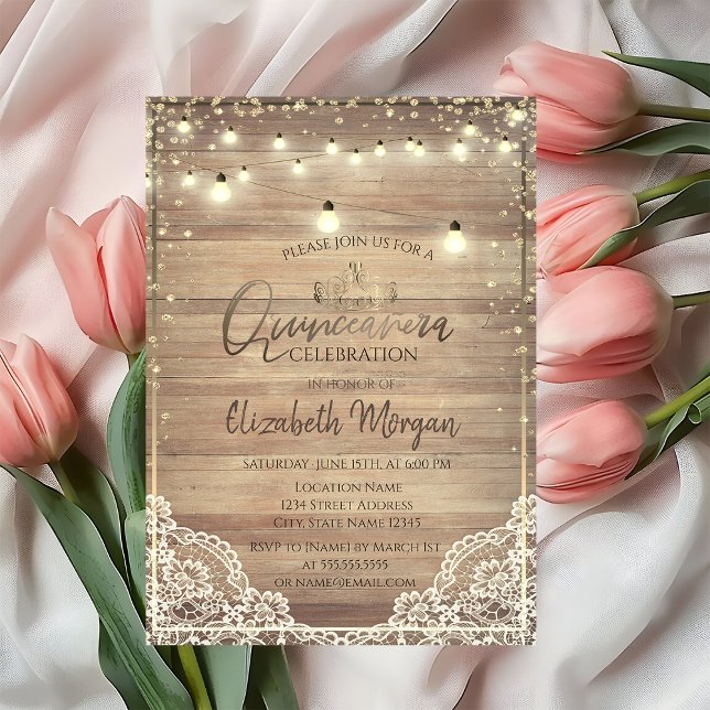 Invitación Encaje Rústico, Tiara, Luces, Diamantes de Madera  (Subido por el creador)
