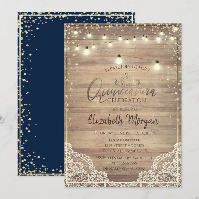 Invitación Encaje Rústico, Tiara, Luces Diamantes Quinceañera (Anverso / Reverso)