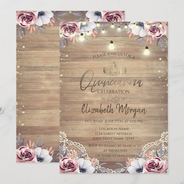 Invitación Encaje Rústico, Tiara, Luces, Rosas de Madera Quin (Anverso / Reverso)