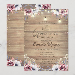 Invitación Encaje Rústico, Tiara, Luces, Rosas de Madera Quin