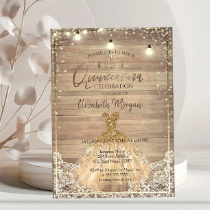 Invitación Encaje rústico, Tiara, Luces, Vestido Quinceañera 
