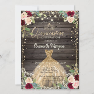 Invitación Encaje, Tiara, Vestido, Rosas Oscuro Madera Quince