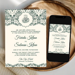 Invitación Encaje Verde Esmeralda Crema Boda Musulmana Islámi