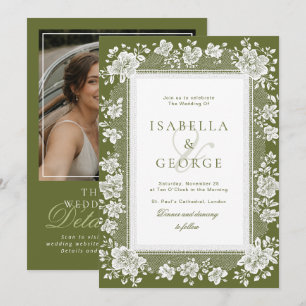 Invitación Encaje Verde Oliva Encaje Dinero Antiguo QR Foto B