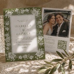Invitación Encaje Verde Oliva Encaje Dinero Antiguo QR Foto B