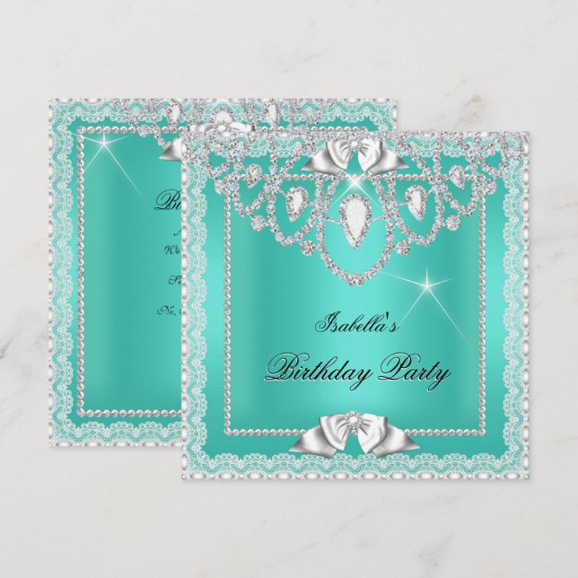 Invitación Encaje Verde Turquesa Elegante Cumpleaños con Diam (Anverso / Reverso)