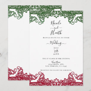 Invitación Encaje verde y rojo Elegante Fiesta Blanca Boda   