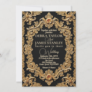 Invitación Encaje victoriano negro   Boda dorada vintage