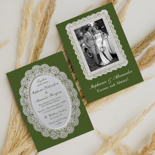 Invitación Encaje Vintage Elegante Verde Olivo Foto Boda