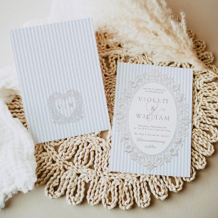Invitación Encaje Vintage Rayas Azules Boda Old Money